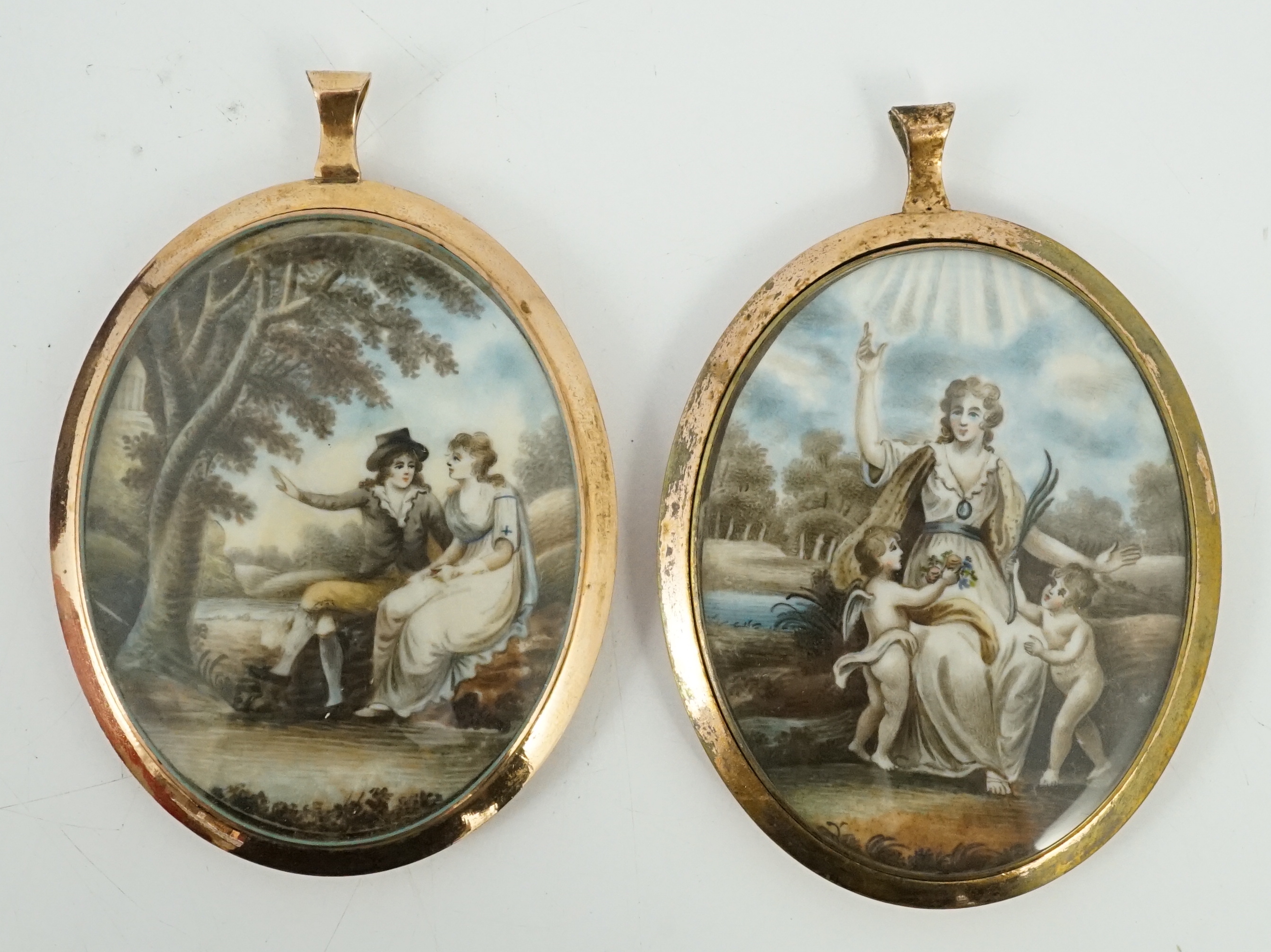 Attributed to Frederick Buck of Cork (Irish, 1771-1833), Portrait miniatures of an army officer and his wife; Charity and rustic lovers verso, watercolour on ivory, 6 x 4.75cm. CITES Submission reference 5NH5T3JW
